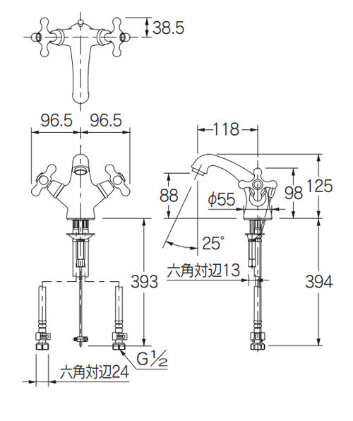 洗面用蛇口 ANTIRA[台][2ハンドル混合水栓][スパウト118mm][吐水口高さ88mm][引き棒付][一般地]