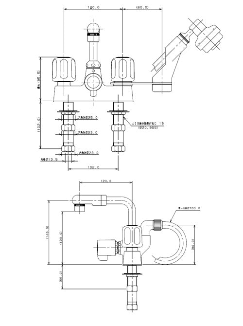 洗面用蛇口[台][シャンプー水栓][2ハンドル混合水栓][スパウト120mm][湯水芯102mm][一時止水][泡沫][一般地]