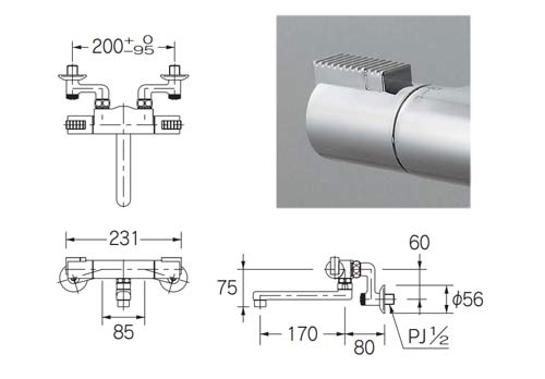 浴室用蛇口[壁][浴槽・洗い場兼用][サーモスタット混合水栓][スパウト170mm][寒冷地]