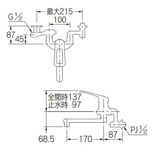 キッチン用蛇口[壁][シングルレバー混合水栓][スパウト170mm][増設クランクつき][一般地]