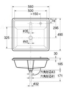 洗面器単品[オーバーカウンター式][角形][水栓取付穴径:φ35][中央1ヶ所][排水上部セット(ポップアップ独立つまみタイプ)付][Luju]