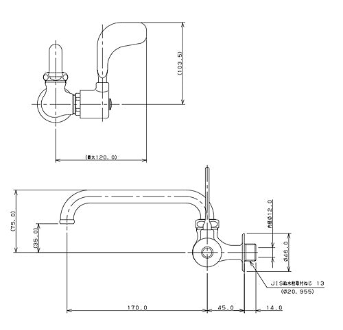洗面用蛇口[壁][単水栓][レバー式横形自在水栓][スパウト170mm][介護施設向き][一般地寒冷地共用]