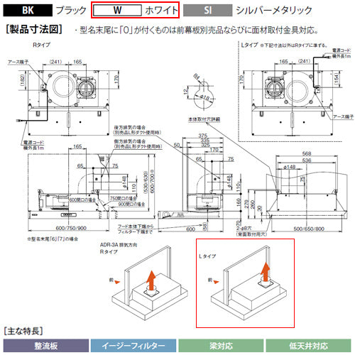 ●レンジフード スタンダードシリーズ[シロッコファン][幅60cm][スリム型][ホワイト][左排気]