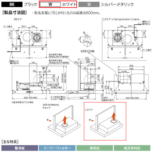 ●レンジフード スタンダードシリーズ[シロッコファン][幅75cm][総高さ60cm][スリム型][前幕板付属][ホワイト][左排気]