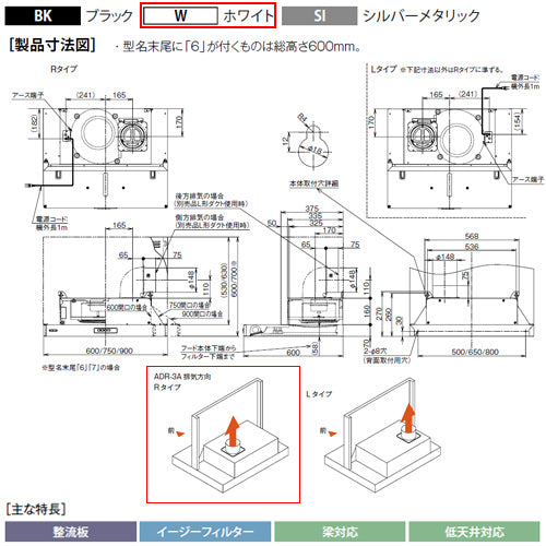 ●レンジフード スタンダードシリーズ[シロッコファン][幅75cm][総高さ60cm][スリム型][前幕板付属][ホワイト][右排気]