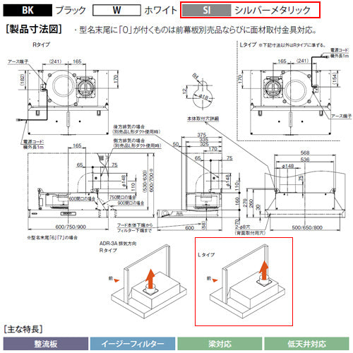 ●レンジフード スタンダードシリーズ[シロッコファン][幅90cm][スリム型][シルバーメタリック][左排気]