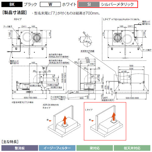 ●レンジフード スタンダードシリーズ[シロッコファン][幅90cm][総高さ70cm][スリム型][前幕板付属][シルバーメタリック][左排気]