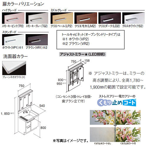 洗面化粧台セット ピアラ[間口750mm][高さ1780～1900mm][シャワー水栓][引出し][3面鏡][アジャストミラー][スリムLED][くもり止め][一般地]