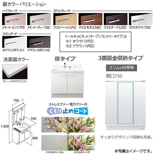 洗面化粧台セット ピアラ[間口750mm][高さ1900mm][シャワー水栓][扉][3面鏡][LED][くもり止め][一般地]