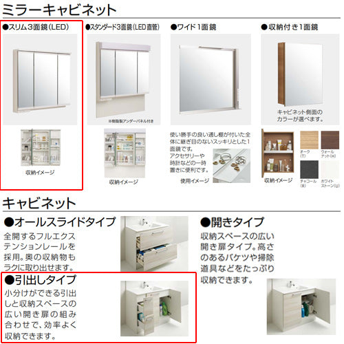 洗面化粧台セット ラクトワ[間口900mm][高さ1900mm][引出しタイプ][シャワー付シングルレバー水栓][3面鏡][スリムLED][アンダーパネル][一般地]