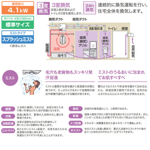 浴室暖房乾燥機[温水式][天井埋込型][3室換気対応][開口標準タイプ][3室自動乾燥機能ミスト付][衣類乾燥][1.5坪以下]