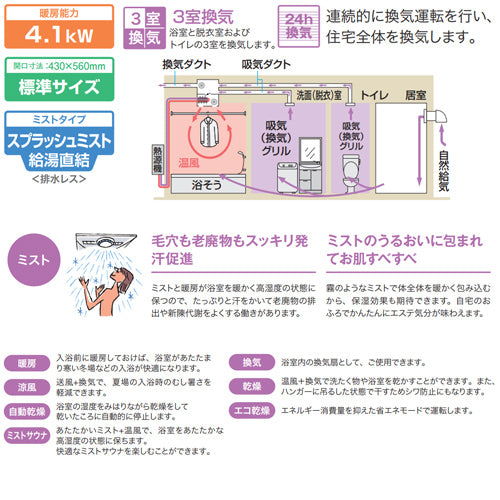 浴室暖房乾燥機[温水式][天井埋込型][3室換気対応][開口標準タイプ][3室自動乾燥機能ミスト付][衣類乾燥][1.5坪以下]