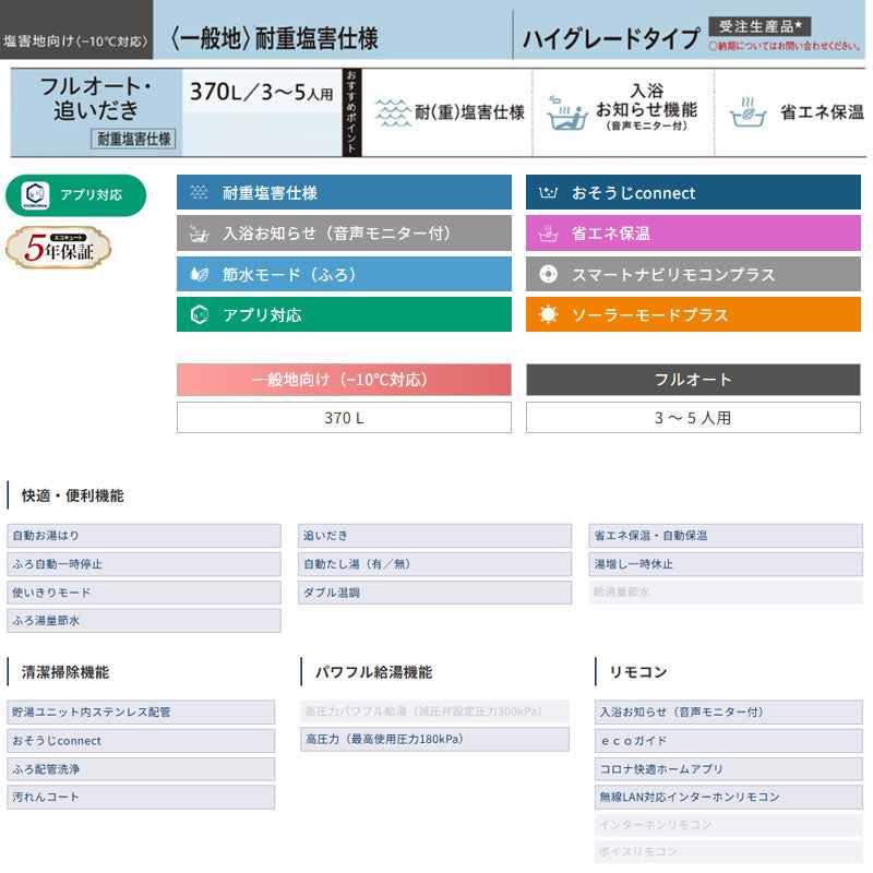 ●♪【10年保証付】【工事費込】エコキュート[フルオート][370L][角型][ハイグレード][標準圧][一般地][耐重塩害仕様][スマイル10][リモコン脚部カバー]