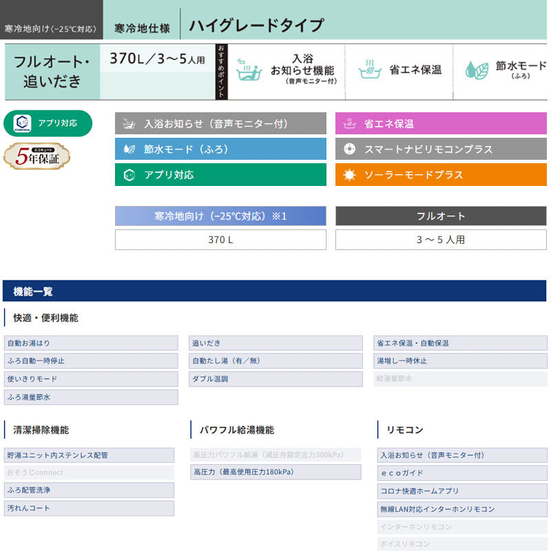 ♪【10年保証付】【工事費込】エコキュート[フルオート][370L][角型][ハイグレード][標準圧][寒冷地][リモコン脚部カバー][スマイル10]