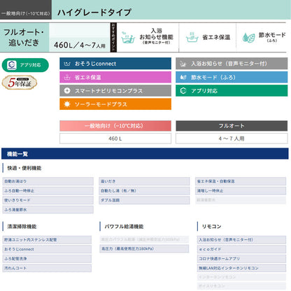 ♪【10年保証付】【工事費込】エコキュート[フルオート][460L][角型][ハイグレード][標準圧][一般地][スマイル10][リモコン脚部カバー]