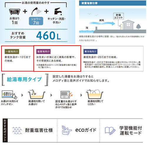 【10年保証付】【工事費込】エコキュート[台所リモコン付属][給湯専用][460L][角型][スタンダード][標準圧][一般地][耐重塩害仕様][スマイル10][脚部カバー]