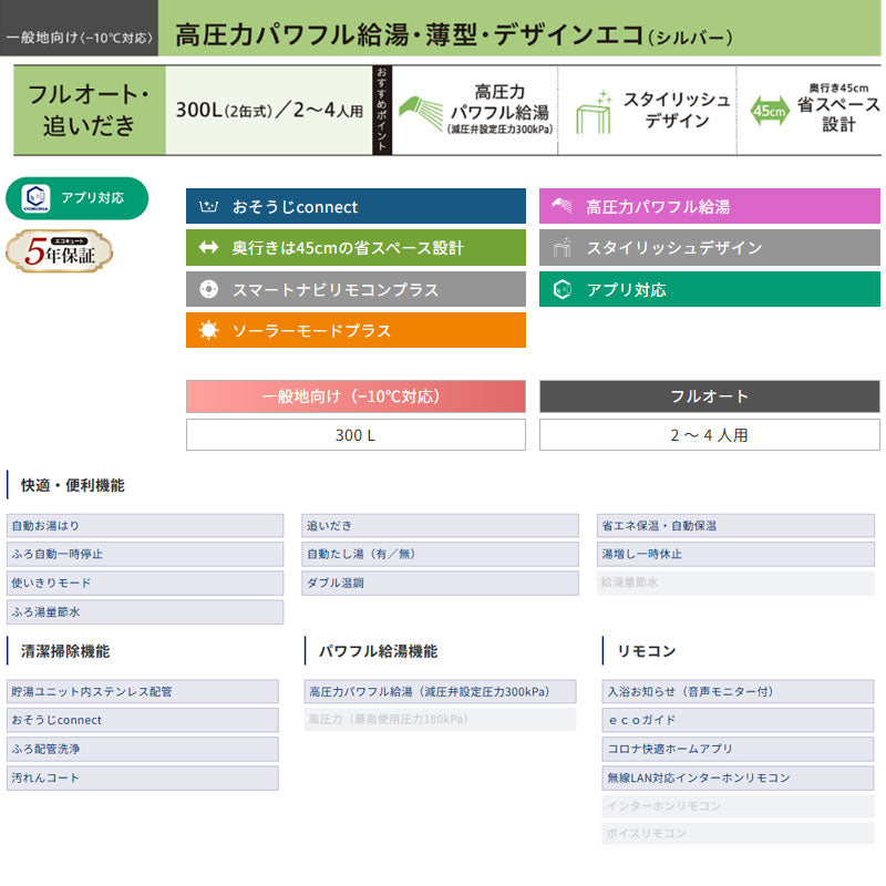 ♪【10年保証付】【工事費込】エコキュート[脚部カバー付属][フルオート][300L][薄型][デザインエコ][パワフル高圧][一般地][シルバー][リモコンセット][スマイル10]