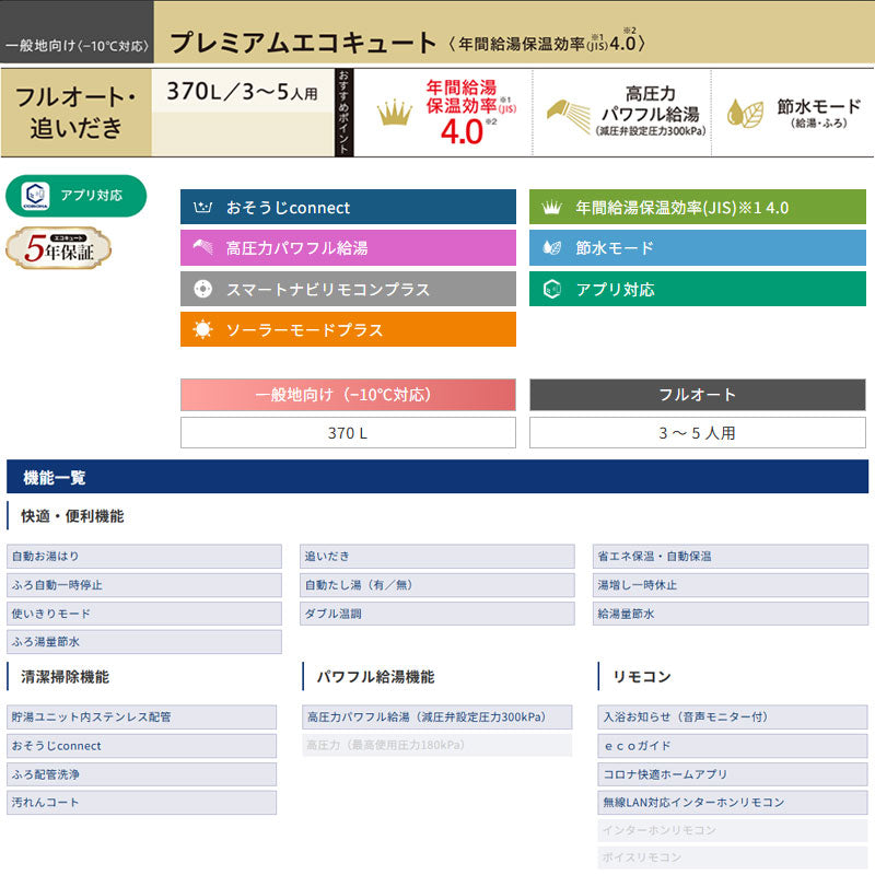♪♪【10年保証付】【工事費込】エコキュート[フルオート][370L][角型][プレミアム][パワフル高圧][一般地][リモコン脚部カバー][スマイル10]