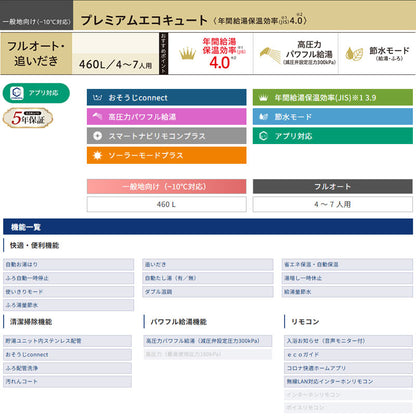 ♪♪【10年保証付】【工事費込】エコキュート[フルオート][460L][角型][プレミアム][パワフル高圧][一般地][リモコン脚部カバー][スマイル10]