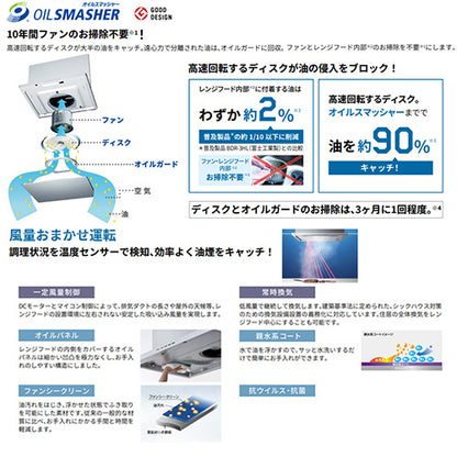 ●レンジフード プレミアムプラスシリーズ[シロッコファン][幅90cm][スリム型][常時換気][コンロ連動][シルバーメタリック][右排気]