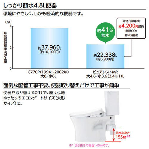 組み合わせトイレ ピュアレストMR[壁:排水芯155mm][手洗い無し][マンションリフォーム用][組み合わせ便器][左側面レバー][セフィオンテクト][一般地]