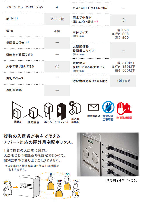 集合住宅用宅配ボックス コンボメゾン[前入][前出][FF][プッシュボタン錠][共有4錠][押印機構あり][ハーフタイプ]