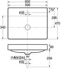 洗面器単品[デュラビット][DuraSquare][ハーフベッセル式][半埋込][角形][600×345][専用排水上部セット付]