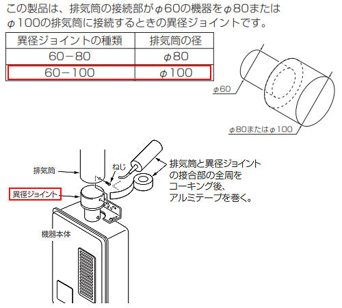 異径ジョイント[φ60×φ100][排気部材][給湯器部材]