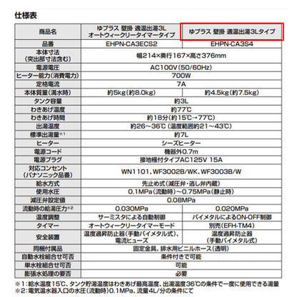 小型電気温水器 ゆプラス[壁掛設置][床置設置][手洗洗面用][横幅スリム][本体のみ][100V][3L][適温出湯][わきあげ温度:約77度]