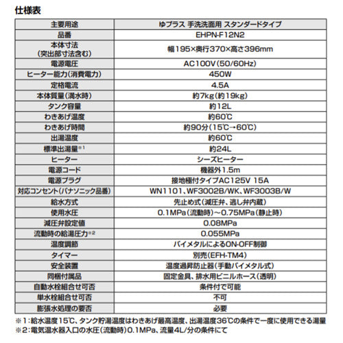 小型電気温水器 ゆプラス[床置設置][ミニキッチン用][スタンダードタイプ][本体+排水器具][100V][12L][わきあげ温度:約60度][ネジ径50A(2インチ)・ネジ径40A(1.5インチ)排水管共用]