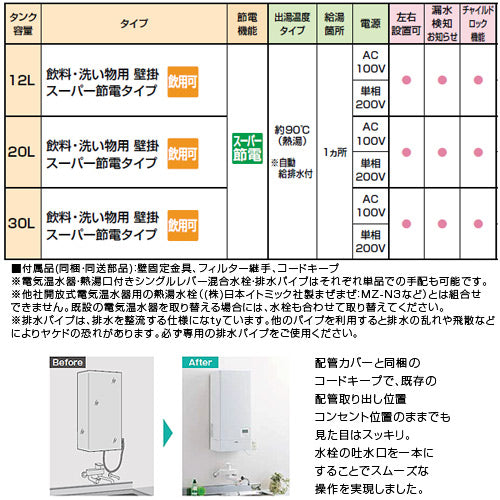 小型電気温水器 ゆプラス[壁掛設置][飲料・洗い物用][本体のみ][200V][20L][出湯温度可変][わきあげ温度:約60度～90度][タイマー]