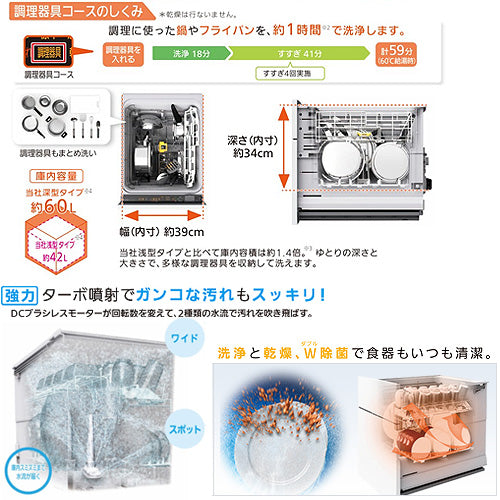 ビルトイン食洗機[新設用][スライドオープンタイプ][ドア面材型][深型][幅45cm][奥行65cm][約6人用][シルバー]