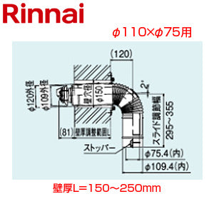 給排気筒トップ[直排専用][φ110×φ75][壁厚L=150～250][FF式][2重管][給排気部材][給湯器部材]