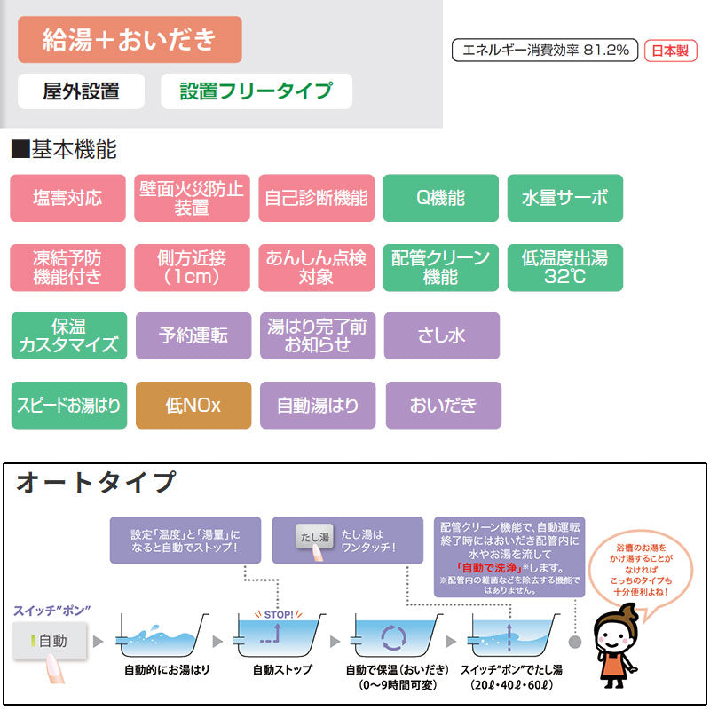 ガスふろ給湯器[本体のみ][屋外据置型][前面排気][オート][16号][15A][都市ガス]