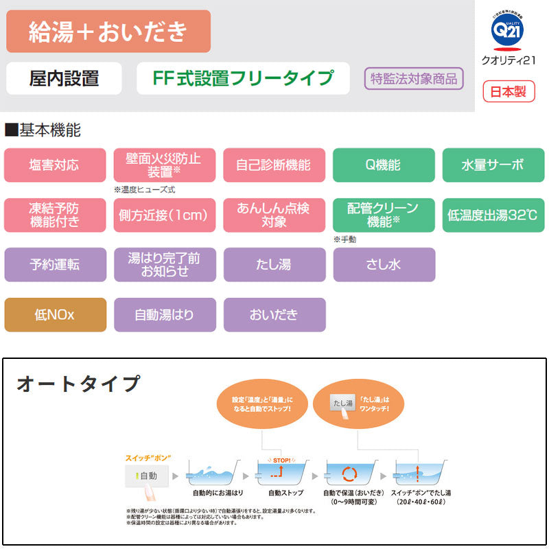 ガスふろ給湯器[浴室・台所リモコンセット][屋内壁掛型][上方排気][強制給排気][オート][20号][15A][プロパンガス]