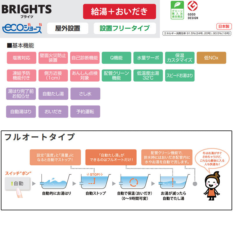 ●ガスふろ給湯器[エコジョーズ][本体のみ][屋外据置型][前面排気][ブライツ][フルオート][16号][15A][プロパンガス]