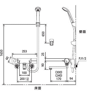 浴室用蛇口[壁][浴槽・洗い場兼用][サーモスタット付シャワーバス混合水栓][eシャワー][300mmパイプ付][一般地]