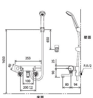 浴室用蛇口[壁][洗い場専用][サーモスタット付シャワーバス混合水栓][eシャワー][一般地]