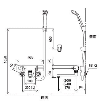 浴室用蛇口[壁][浴槽・洗い場兼用][サーモスタット付シャワーバス混合水栓][eシャワー][240mmパイプ付][寒冷地]