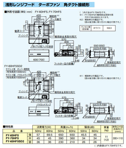 レンジフード[ターボファン][幅60cm][平型][角ダクト][電動ダンパー連動][ホワイト]