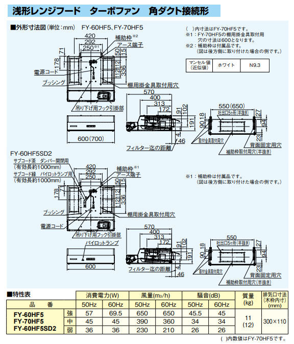 レンジフード[ターボファン][幅60cm][平型][角ダクト][ホワイト]