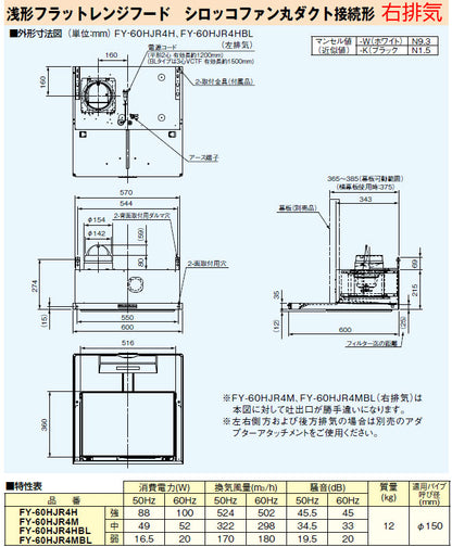 レンジフード[シロッコファン][幅60cm][平型][丸ダクト][右排気][BL認定品][ホワイト]