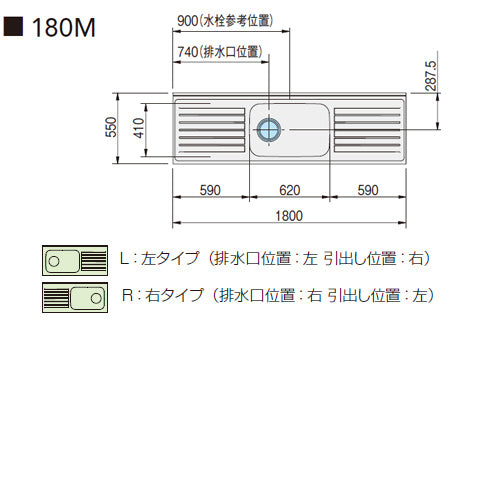 流し台[クリンプレティ][木製キャビネット][間口180cm][奥行55cm][ペールウッド]