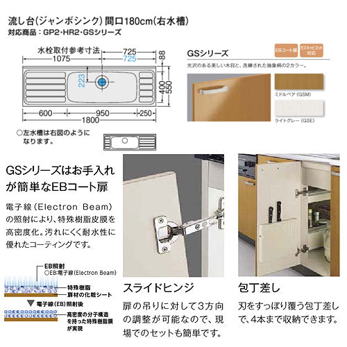 流し台(3段引出し) セクショナルキッチンGSシリーズ[木製キャビネット][ジャンボシンク・点検口付][間口180cm][ライトグレー]