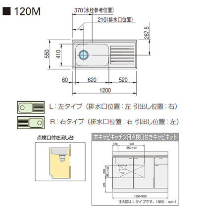 流し台[クリンプレティ][木製キャビネット][間口120cm][奥行55cm][点検口付][ホワイト]