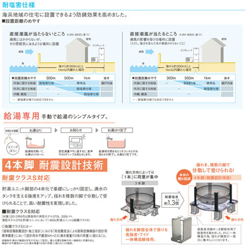 ♪【10年保証付】【工事費込】エコキュート[台所リモコン付属][給湯専用][460L][角型][標準圧][Jシリーズ][一般地][耐塩害仕様][スマイル10]