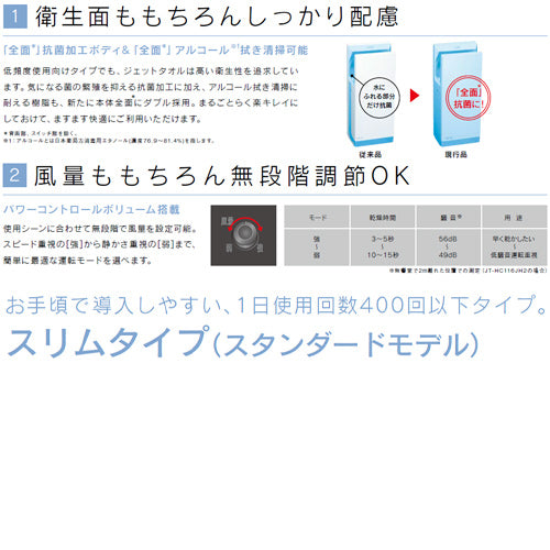 ハンドドライヤー[ジェットタオル][壁取付][スリム][電源コンセント][100V][ヒーターなし][両面][抗菌加工][ホワイト]