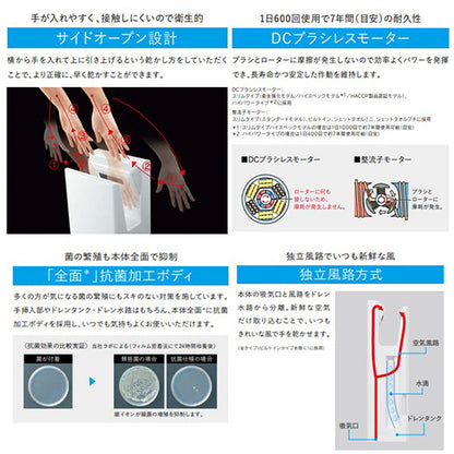 ハンドドライヤー[ジェットタオル][壁取付][スリム][電源コンセント][100V][ヒーター入/切][両面][空気清浄][抗菌加工][ホワイト]
