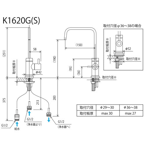 キッチン用蛇口[台][単水栓][ビルトイン浄水器接続専用][浄水器セット:Z38450][一般地]