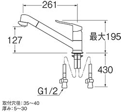キッチン用蛇口[台][シングルレバー混合水栓][スパウト回転][吐水(シャワー)][エコ位置クリック][スパウト261mm][寒冷地]